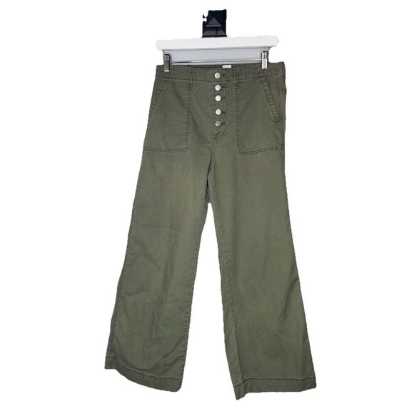 Gap High Rise Wide-Leg Button Fly Pants Green Cotton Stretch Utility Women's 8 - Picture 2 of 7